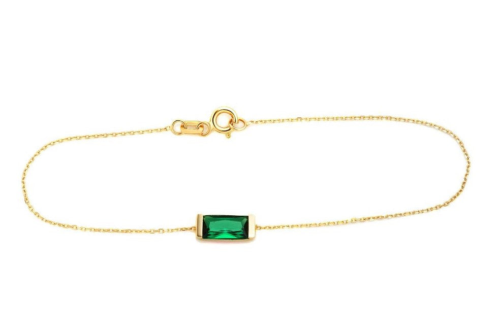 14K solid yellow gold baguette emerald bracelet, delicate and minimalist design, perfect for everyday wear.