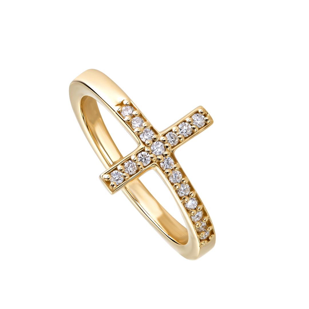 14K solid yellow gold diamond cross ring with 17 sparkling diamonds, minimalist design, beautifully crafted.