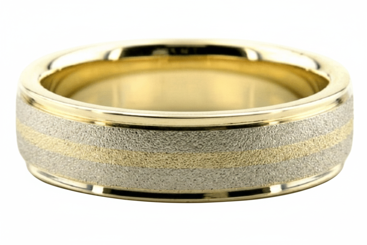 6mm solid two-tone gold wedding band with stone finish center and shiny edges, available in 10K 14K 18K.