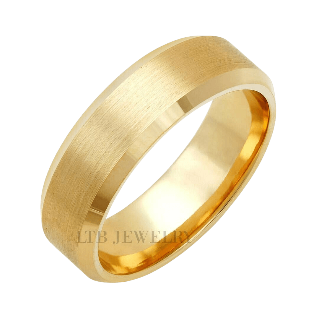Elegant 10K solid yellow gold men's wedding band, 7mm wide, satin finish center with shiny edges, comfort fit.