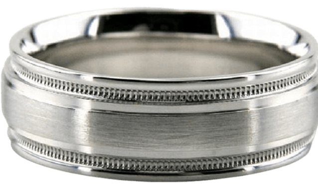 Mens wedding band in 10K solid white gold, 7mm wide with satin finish and milgrain details, comfort fitted.