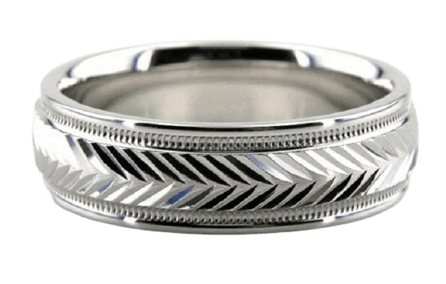 6mm solid white gold men's wedding band with shiny finish and milgrain detailing, available in various widths and metals.