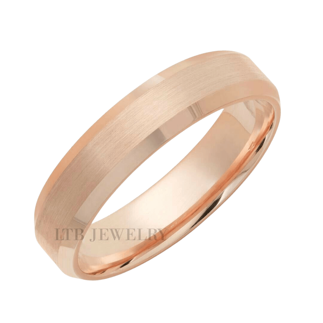 5mm rose gold beveled edge wedding band with satin and shiny finishes, comfort fit, available in 10K, 14K, 18K.