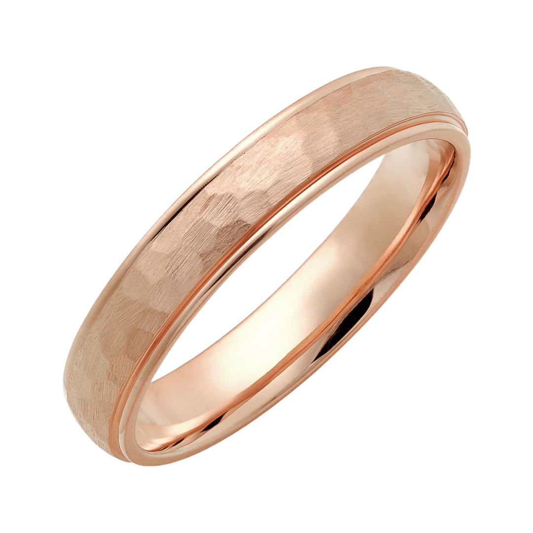 14K solid rose gold wedding band with hammered finish and shiny edges, comfort fit, 4mm wide.
