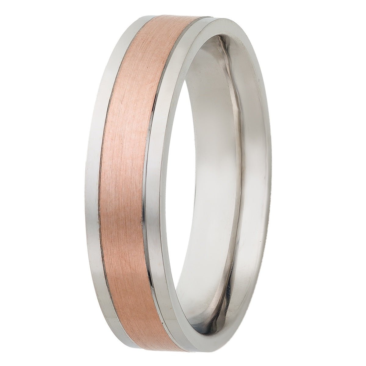 14K solid white and rose gold wedding band with satin finish, comfort fitted, 5mm wide, made in New York.