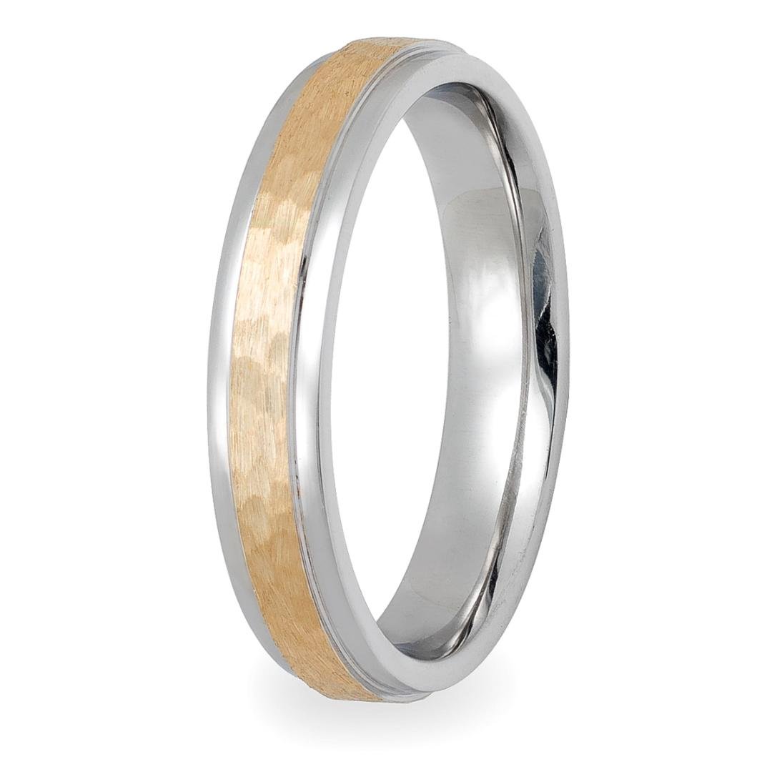 4mm 14K solid white and yellow gold hammered finish wedding band with shiny edges and comfort fit design.