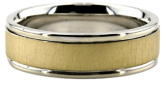 14K two-tone gold brushed finish men's wedding band with shiny white gold edges, 6mm wide, comfort fit design.