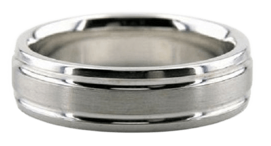 6mm solid white gold mens wedding band with satin finish center and shiny edges, comfort fitted, made in USA.