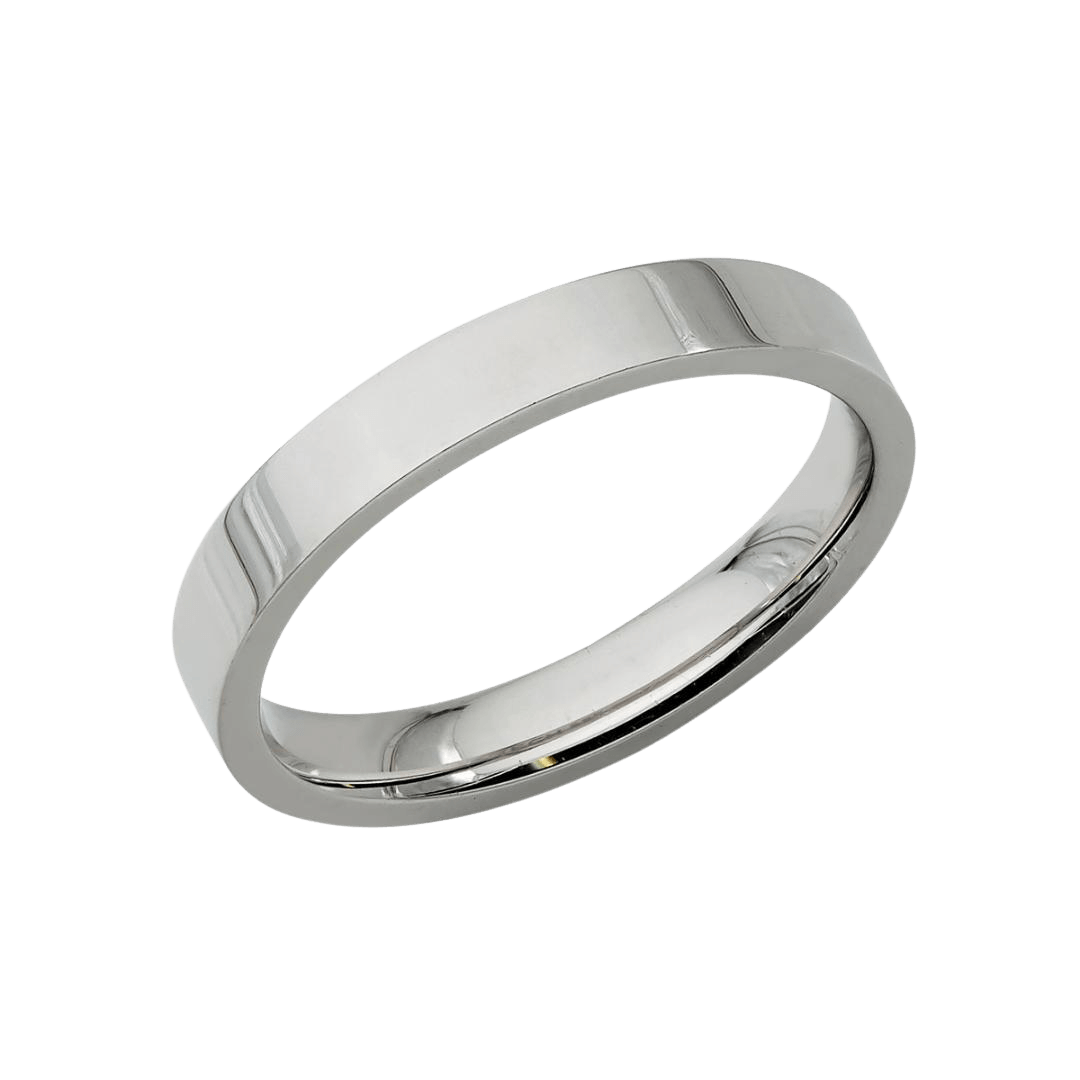 3mm flat white gold wedding band, comfort fit, shiny finish, unisex design, available in 10K, 14K, 18K options