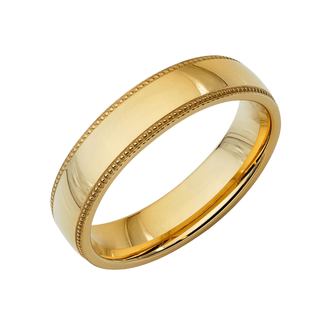 5mm 14K gold dome milgrain wedding band, shiny finish, comfort fit, unisex design, handcrafted in New York.