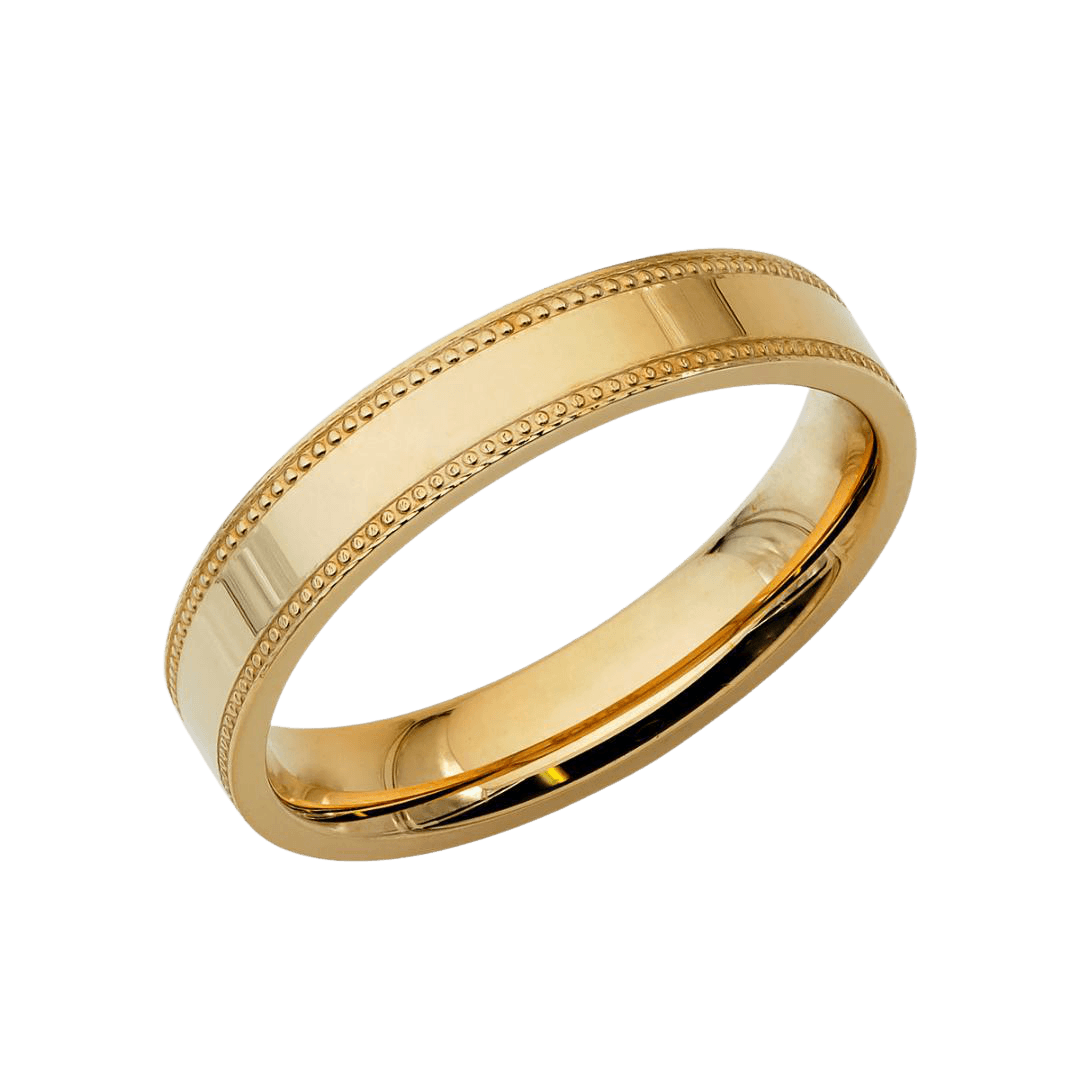 4mm 10K 14K 18K Yellow Gold Milgrain Flat Wedding Band with shiny finish and comfort fit, made in the USA.