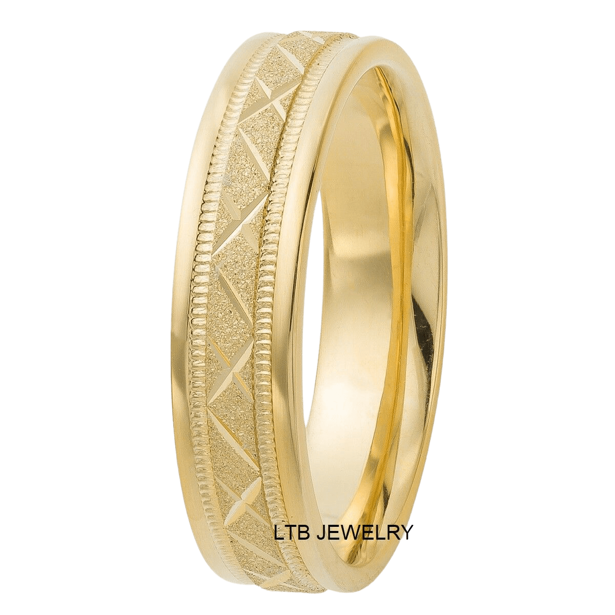 Unique yellow gold wedding band, 10K 14K 18K, milgrain and stone finish, 5mm comfort fit, handcrafted in New York.
