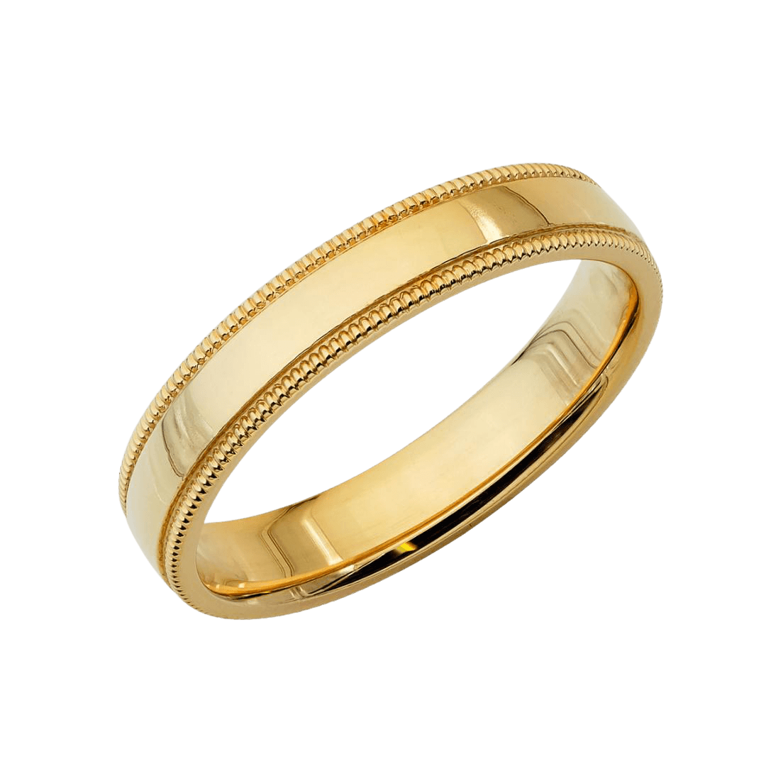 4mm 14K gold milgrain dome wedding band for men and women with shiny finish, comfort fit, and handcrafted in New York.