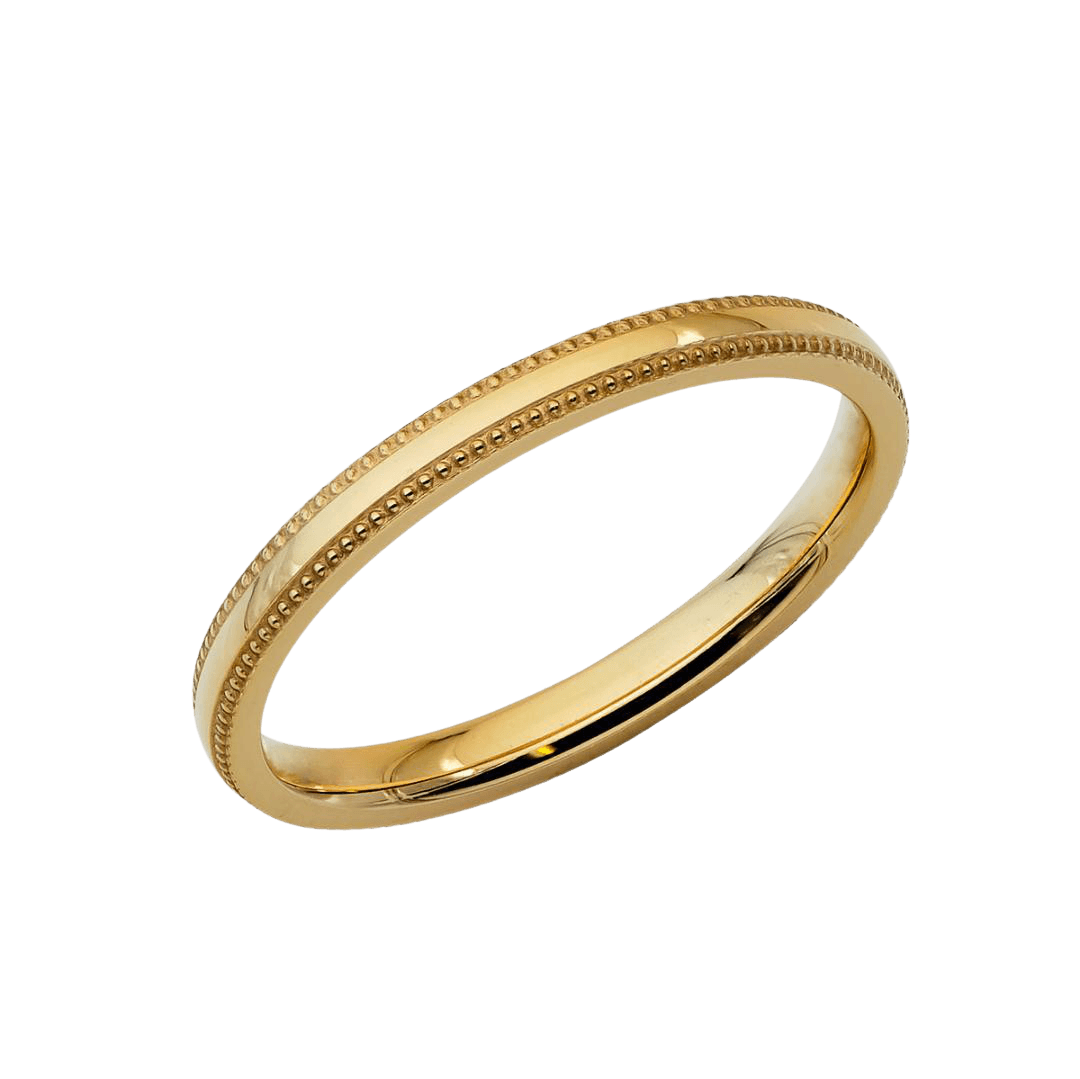 2mm yellow gold dome milgrain wedding band for men and women, comfort fitted, shiny finish, crafted in New York.