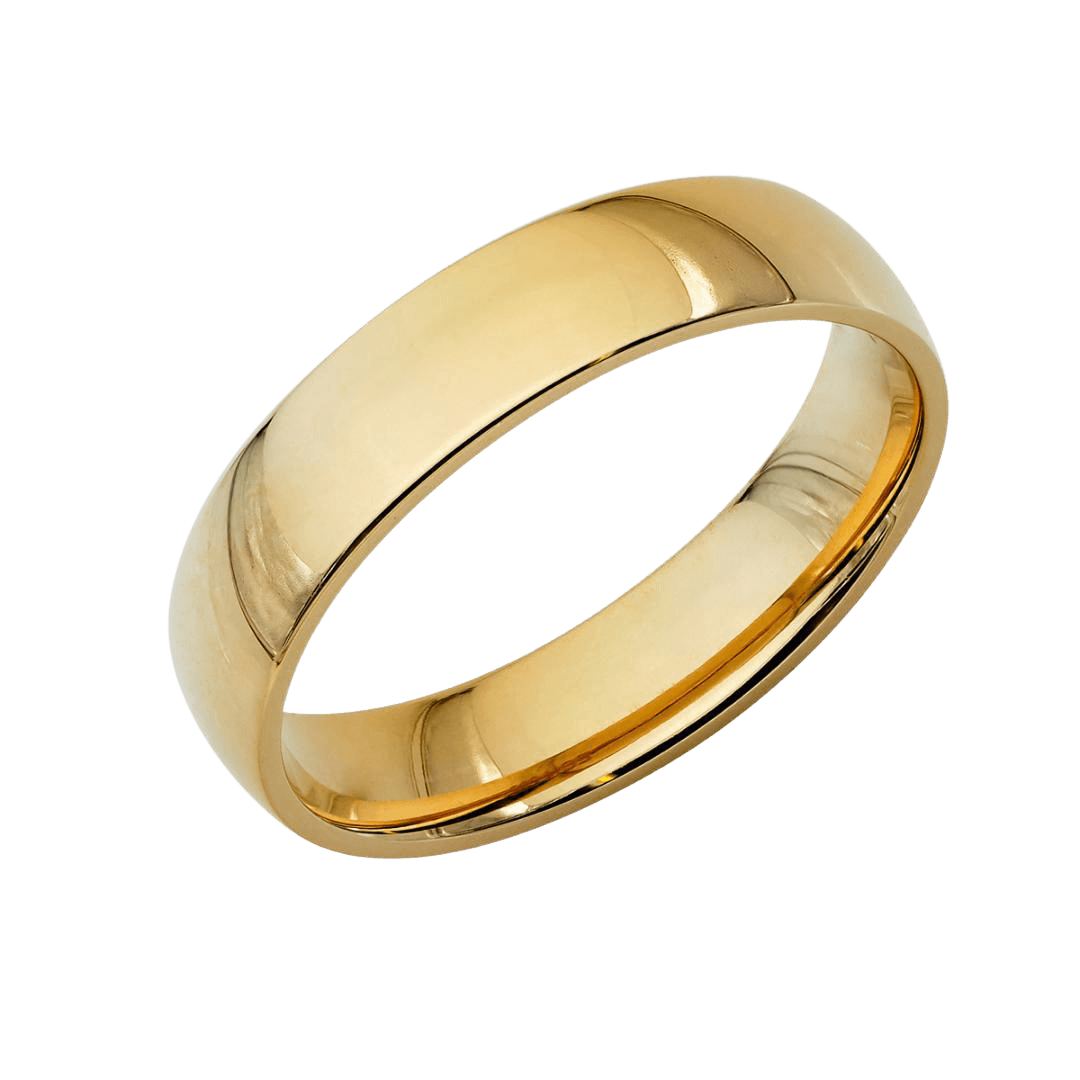 5mm 14K Gold Classic Plain Dome Wedding Band with a shiny finish, comfort fitted, unisex style, made in New York, USA.