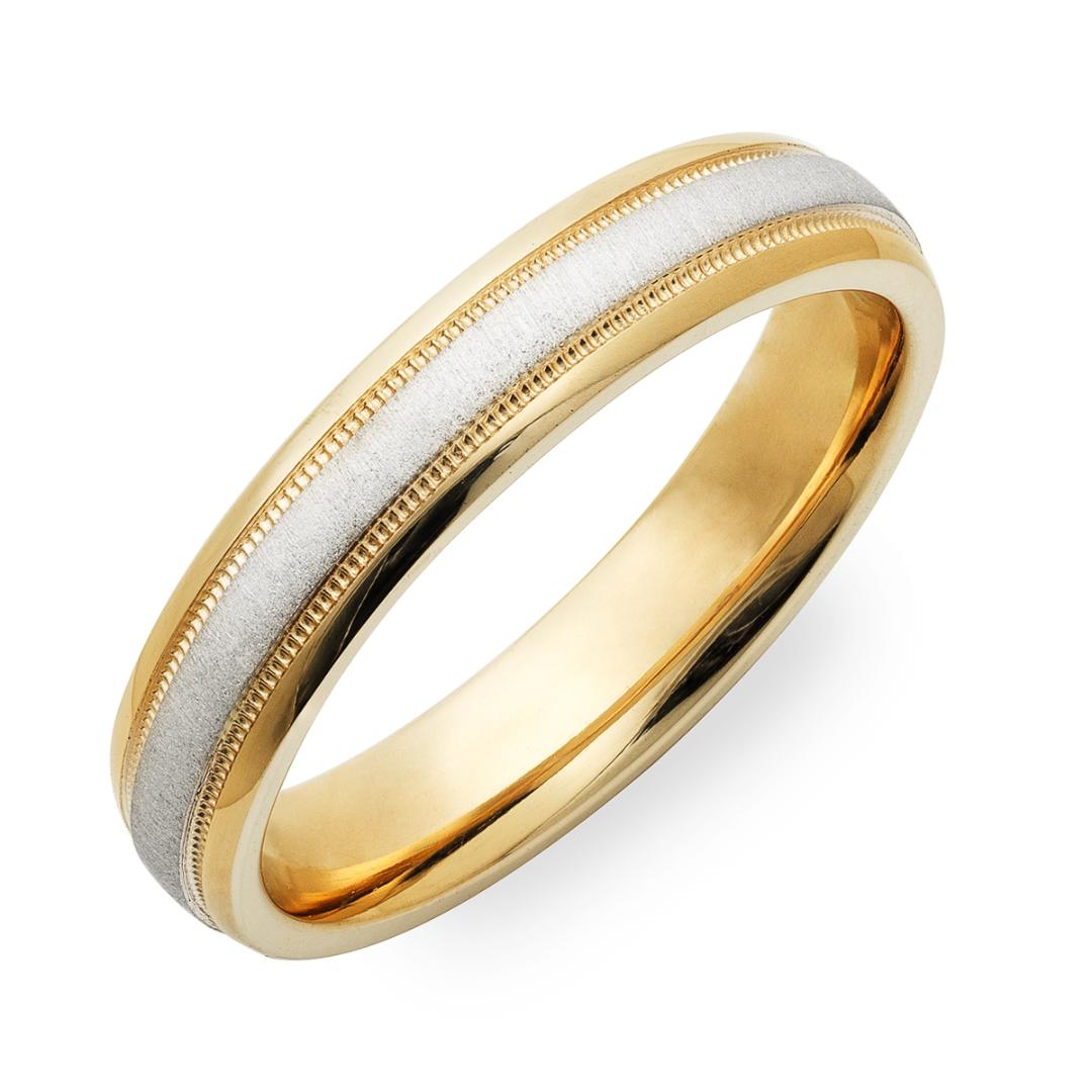 Two-tone gold wedding band featuring a brushed white gold center and shiny yellow gold edges, comfort fit design.