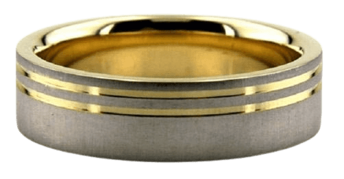 Gold two tone men's wedding band, 6mm wide with satin finish, comfort fit, made in New York, available in various metals.