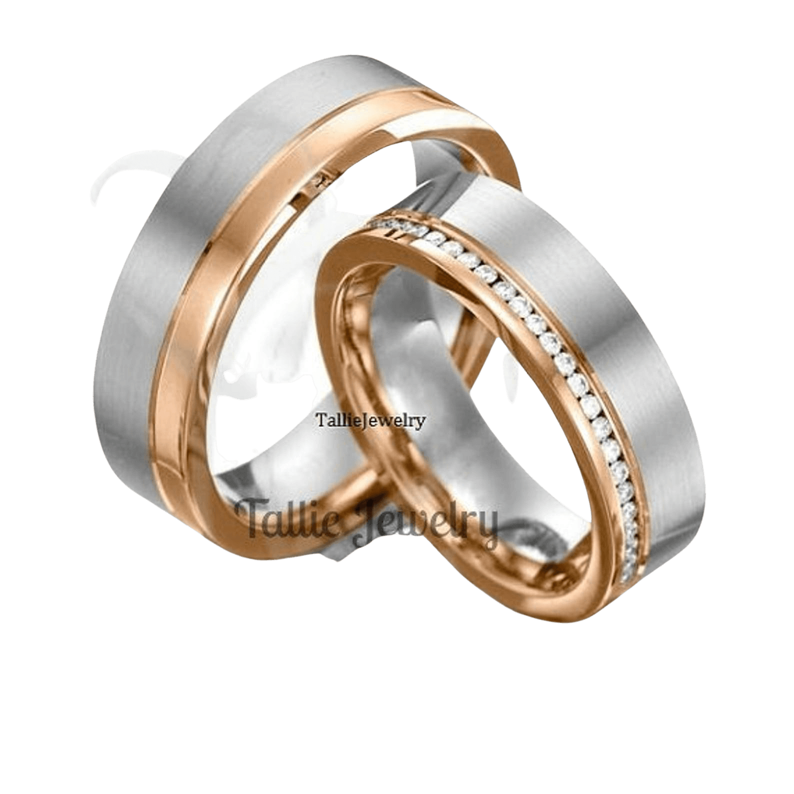 His and Hers two-tone gold diamond wedding rings with shiny rose gold and satin finished white gold accents.