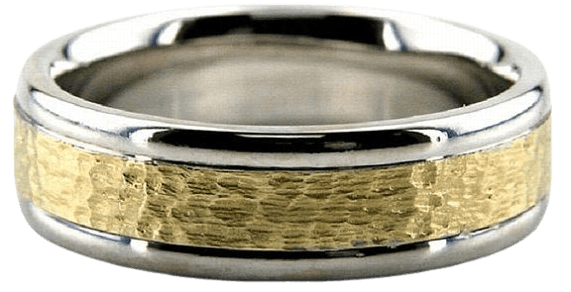 Two tone gold hammered finish men's wedding band with shiny white gold edges, 6mm wide and comfort fitted.