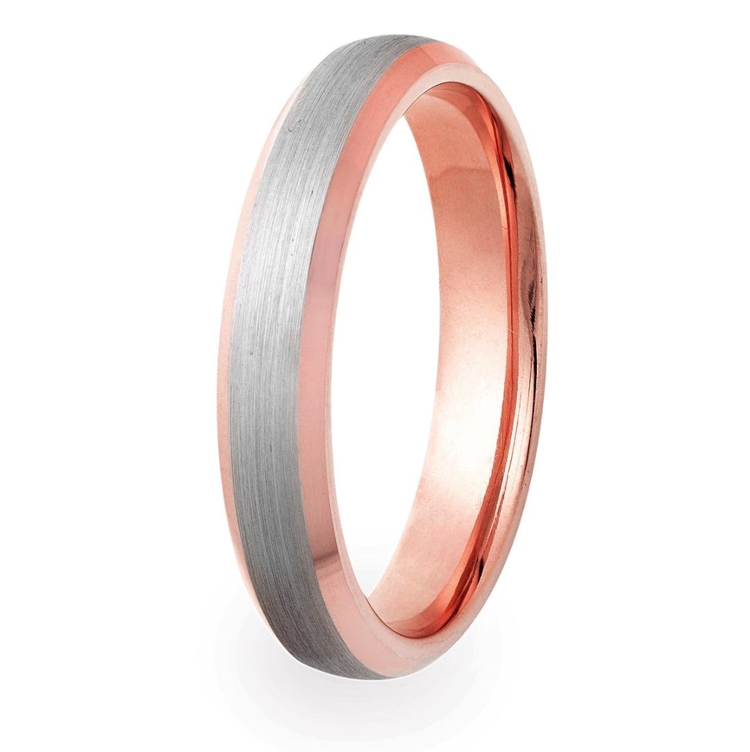 14K white and rose gold beveled edge wedding band with satin finish, comfort fitted, classic design, handmade in New York.