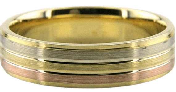 6mm two-tone gold wedding band in 10K 14K 18K yellow, white, and rose gold with satin finish and diamond cuts.