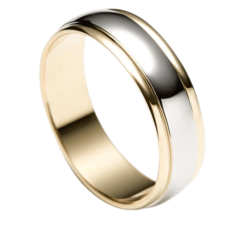 Comfort fitted 6mm two-tone gold men's wedding band, featuring shiny yellow gold edges and a satin-finished white gold center.