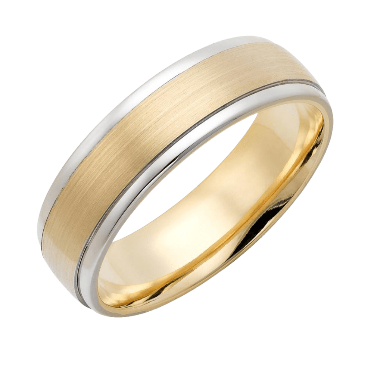 Two-tone gold men's wedding band in 10K, 14K, or 18K with satin finish, 6mm comfort fit, crafted in New York.