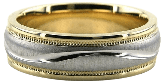 Two tone gold men's wedding band, 7mm wide, featuring brushed finish and shiny edges, crafted in solid white and yellow gold.