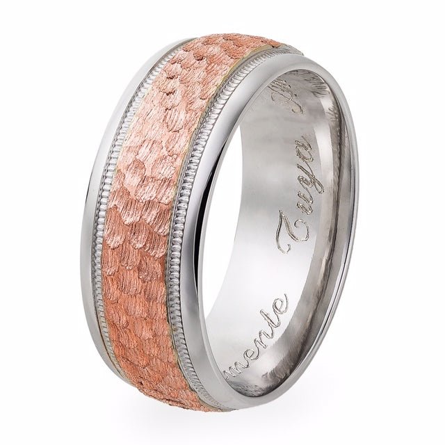 14K two-tone gold hammered finish men's wedding band with rose gold center and shiny white gold edges.