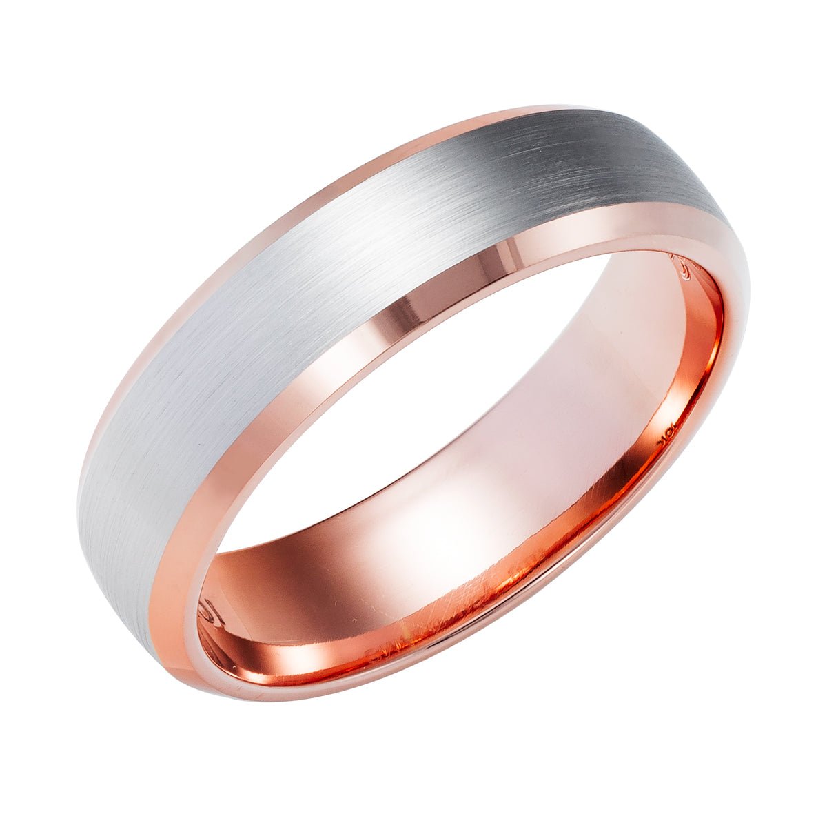 Elegant two tone wedding band featuring a satin finished white gold center and shiny rose gold edges, comfort fit design.