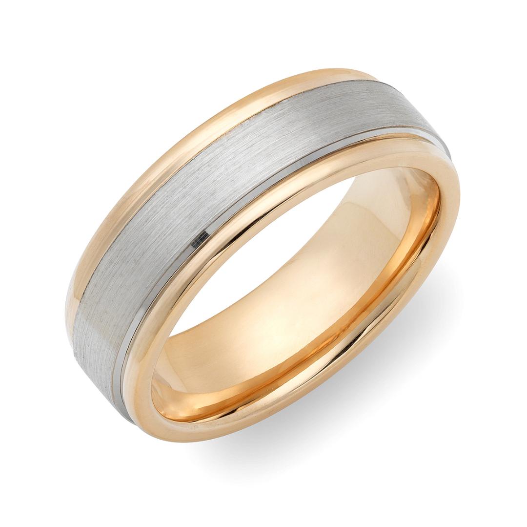 Two tone gold men's wedding band featuring a satin finished white gold center and shiny yellow gold edges, 6mm wide.