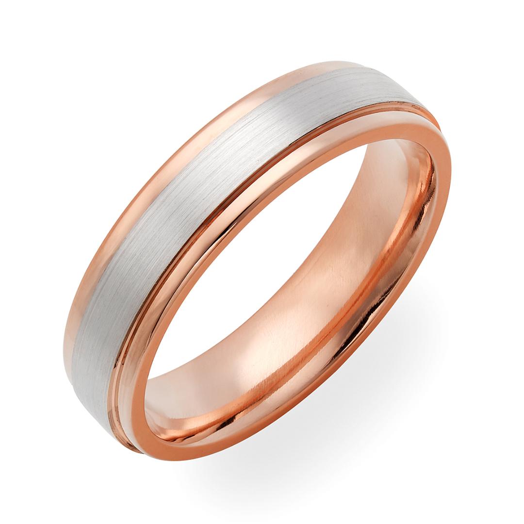 Two tone gold wedding ring featuring shiny rose gold edges and satin-finished white gold center, 5mm comfort fit, USA made.