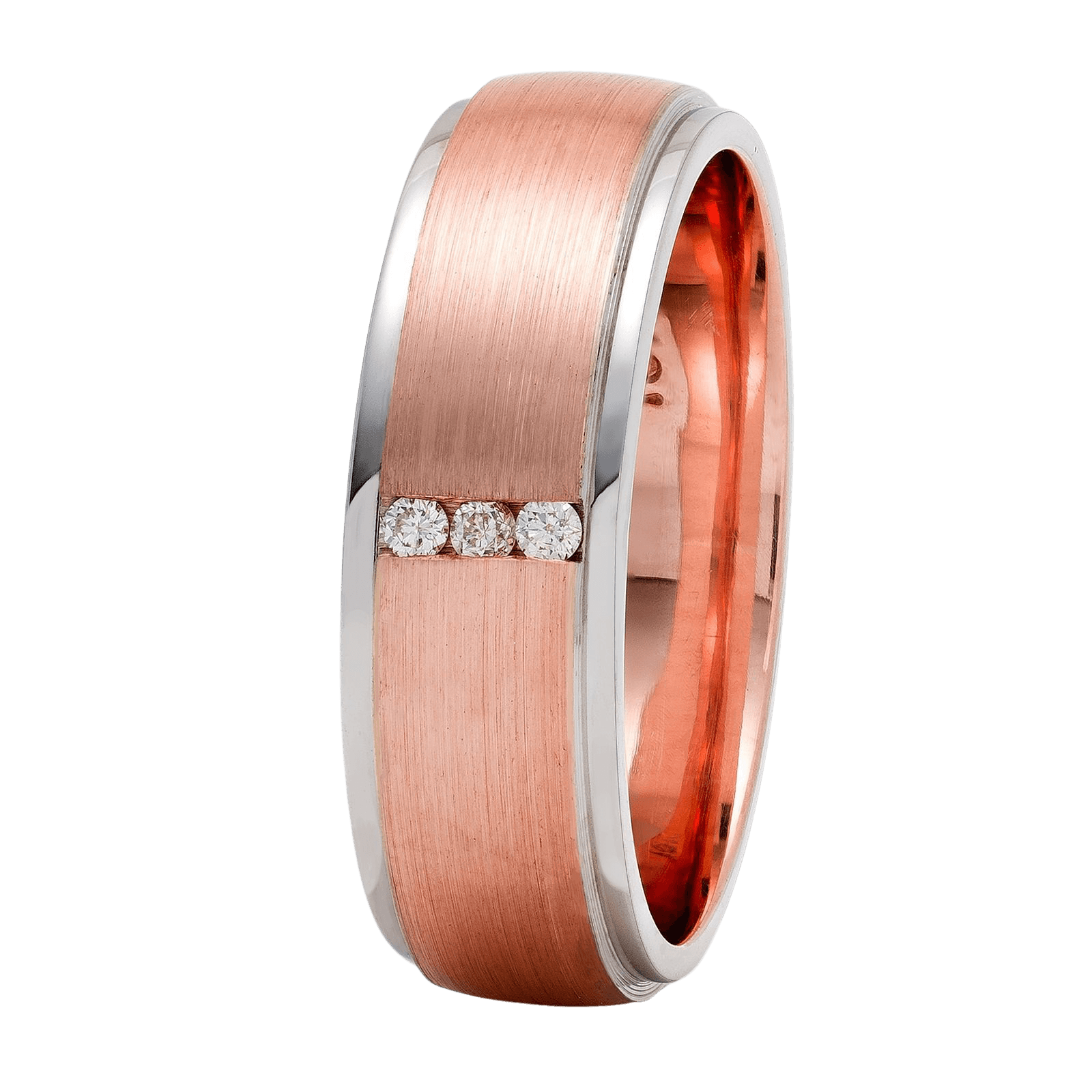 6mm 14K white and rose gold diamond wedding band with satin finish and three round diamonds.