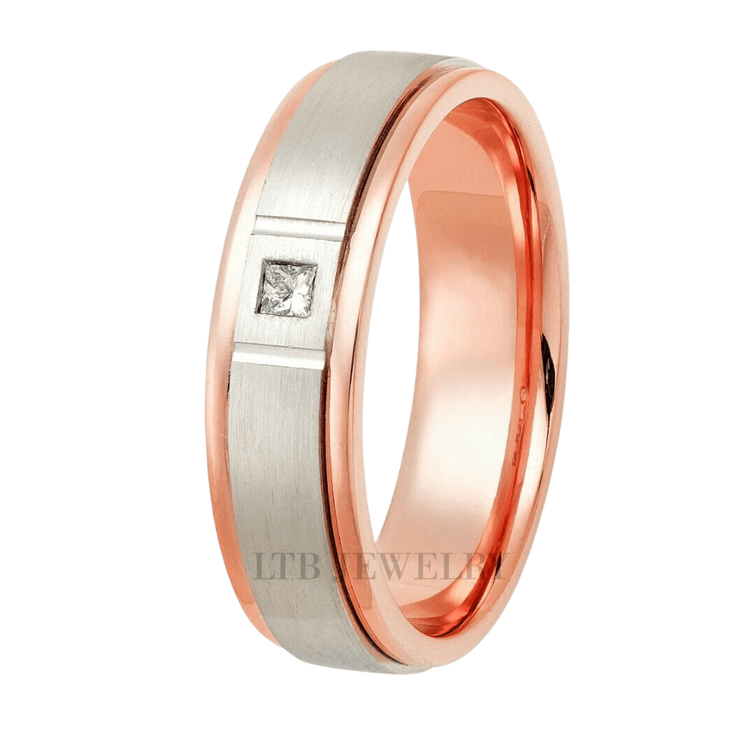 Men's wedding band in rose gold and white gold with princess cut diamond, 6mm wide, comfort fit.