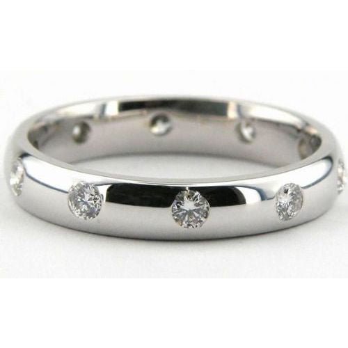 14K white gold wedding ring with 8 round brilliant cut diamonds, 4mm wide, shiny comfort fit, USA manufactured.