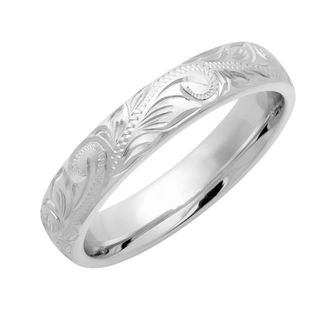 Hand engraved solid white gold wedding band with leaf motifs, 4mm comfort fit, shiny finish, crafted in New York.