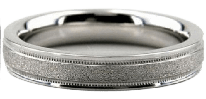 4mm solid white gold wedding ring with stone finish and milgrain edges, comfort fitted for men and women