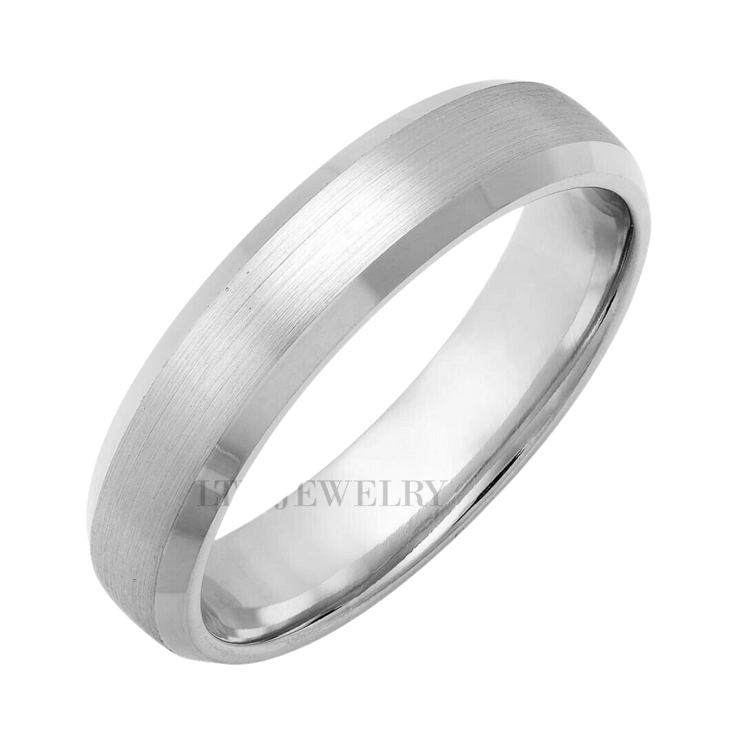 5mm solid white gold wedding band with satin finish and shiny edges, available in 10K, 14K, 18K options.