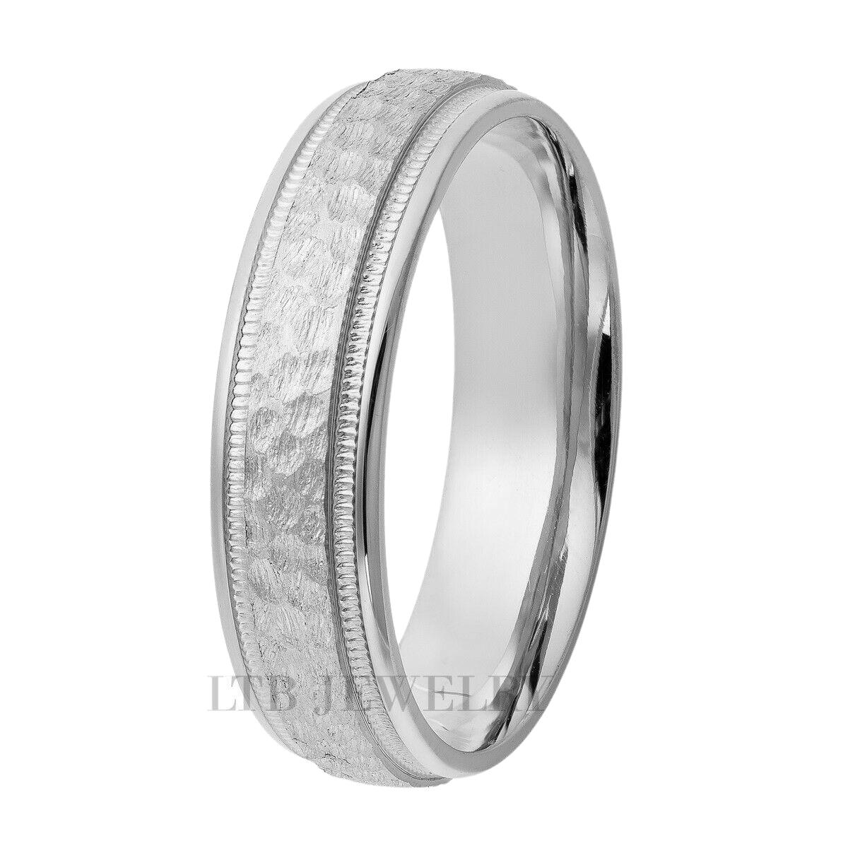 6mm solid white gold men's wedding band with hammered finish and shiny edges, comfort fitted, made in New York.