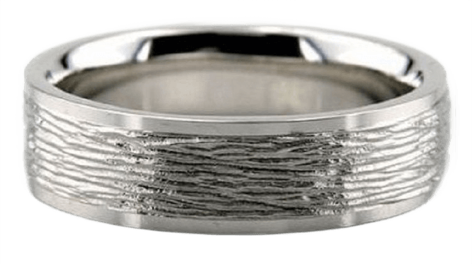 14K white gold men's wedding band with wood bark design, shiny finish, and comfort fit, 6mm wide.
