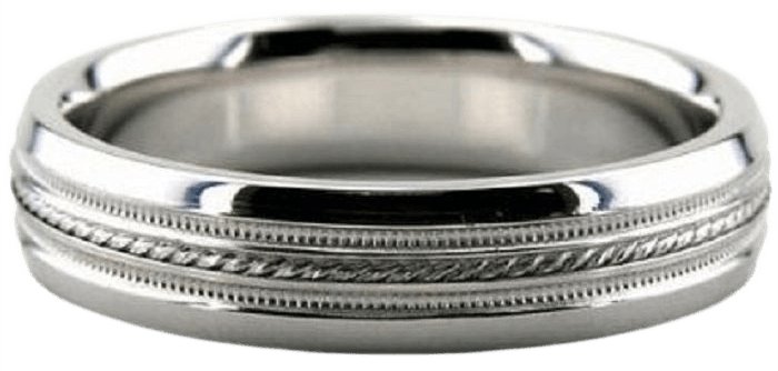 14K white gold wedding band featuring milgrain detail and braided design, comfort fit ring for men and women.