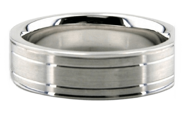 6mm white gold men's wedding ring with satin finish and shiny lines, comfort fit, available in different metals.