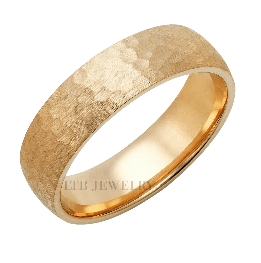 Unique 10K 14K 18K solid yellow gold men's wedding band with hammered finish and shiny edges, 6mm wide.