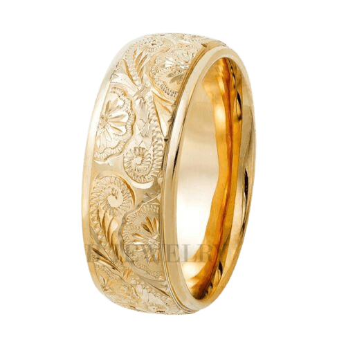 Hand engraved men's wedding band in solid yellow gold with intricate leaf motif and shiny finish.