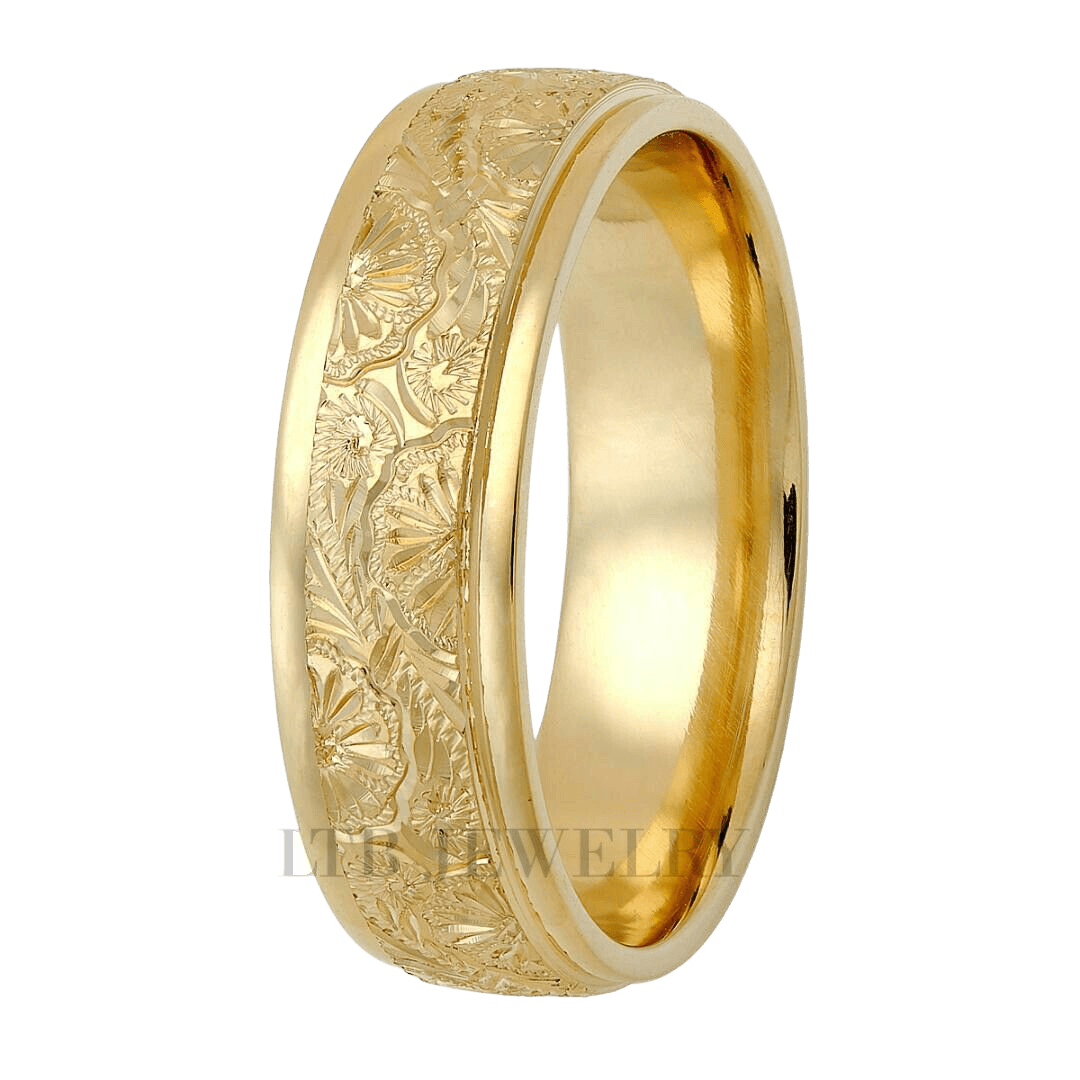 Hand engraved 10K yellow gold wedding band with shiny leaf motifs, 6mm wide, comfort fit, made in New York.