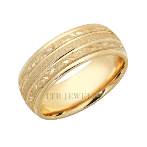 Yellow gold hand engraved men's wedding band with stone finish and leaf motifs, comfort fitted, crafted in USA.