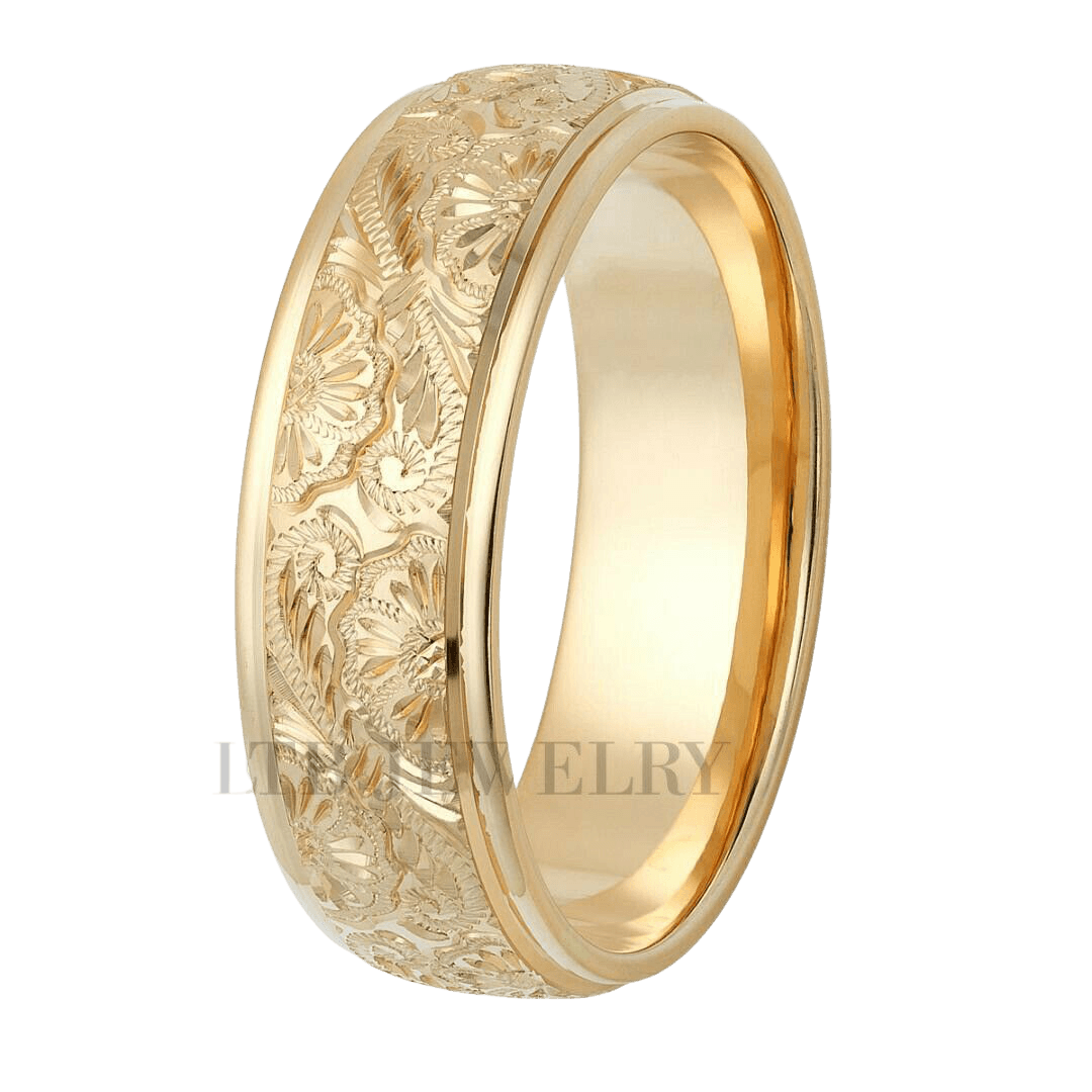 Hand carved 10K, 14K, or 18K yellow gold men's wedding band with floral engravings, 7mm wide and comfort fit.