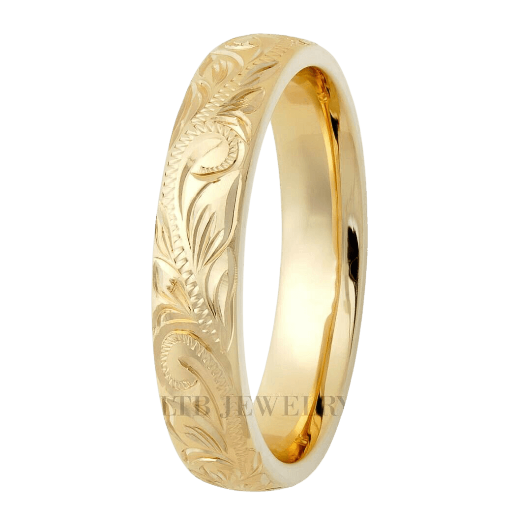 Hand engraved solid yellow gold wedding band with leaf motifs, 4mm wide, comfort fit design, shiny finish.
