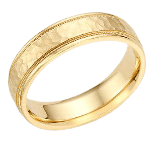 Yellow gold milgrain hammered finish mens wedding ring, 5mm wide, comfort fit, shiny edges, manufactured in New York.