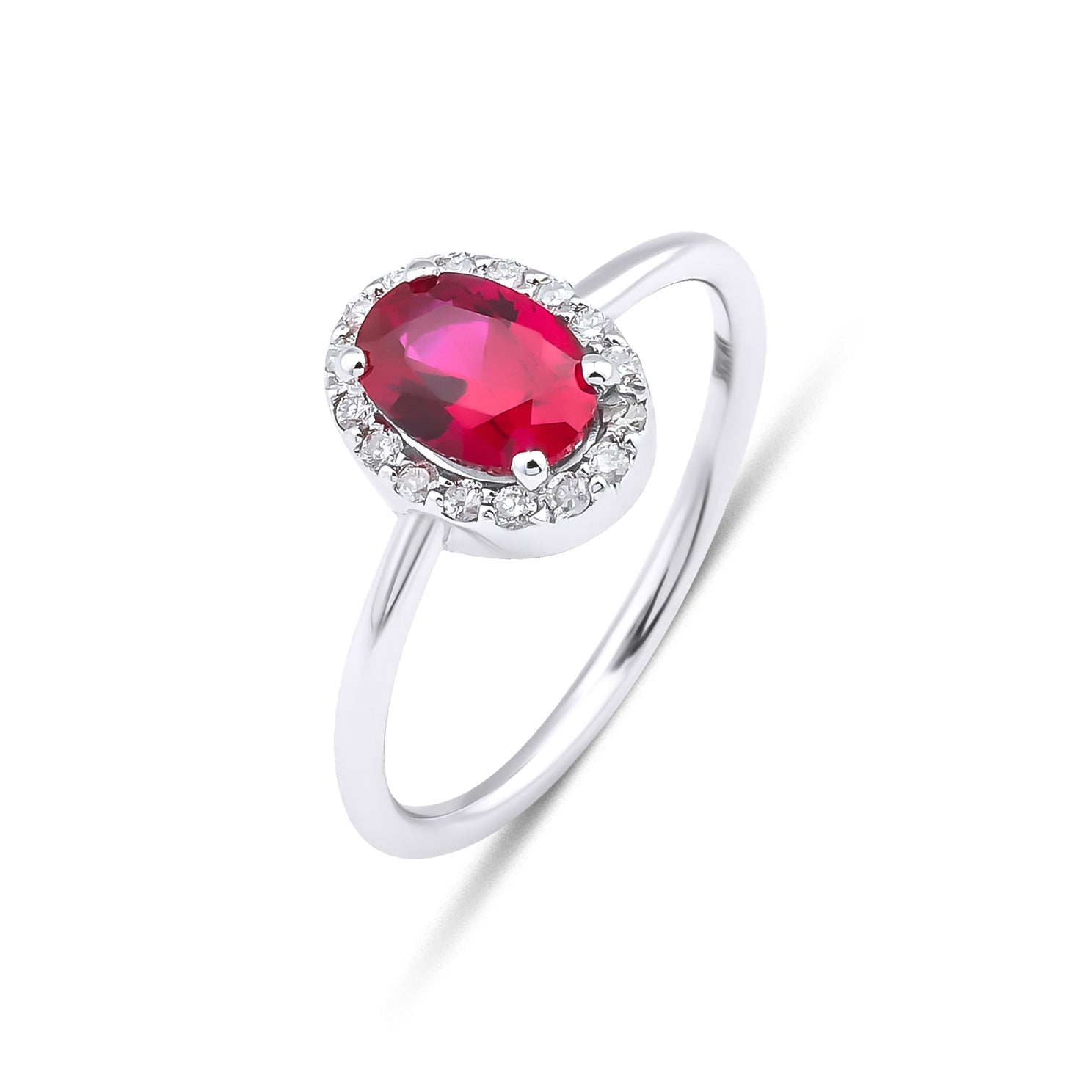 14K gold oval ruby and diamond engagement ring with a delicate design, featuring a stunning ruby center stone surrounded by diamonds.